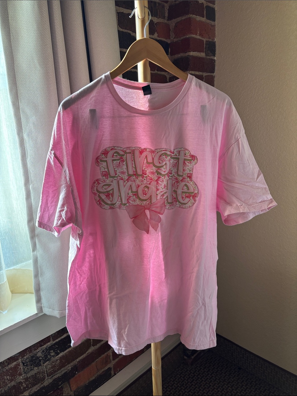 Gildan Pink First Grade Graphic Tee with Floral Bow Size 2X